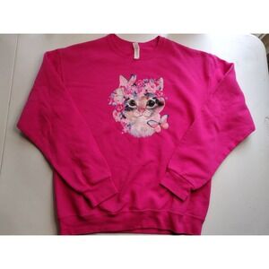 Pink Cat Butterfly Floral Print Crewneck Sweatshirt Women's Medium